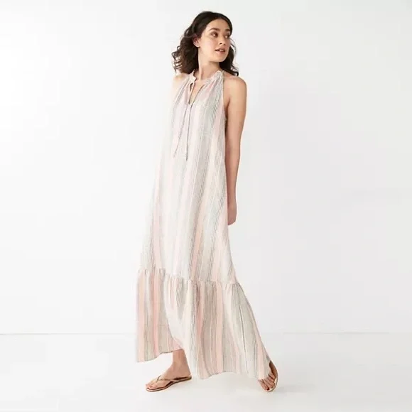 knee length dresses for ladies Linen Sleeveless Midi Dress Natural Stripe / S / 100% French Linen main image 1